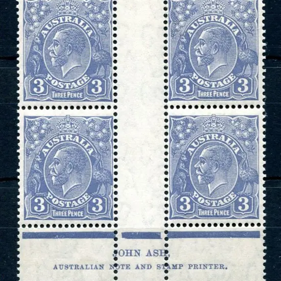1931-36 CofA 3d blue John Ash imprint block of 4, ...