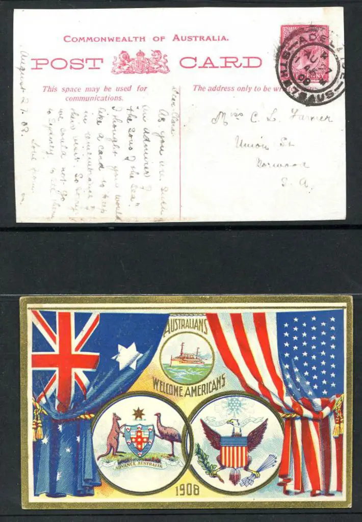 1908 (Aug) 1d red QV "Australians Welcomes ... Image 1++