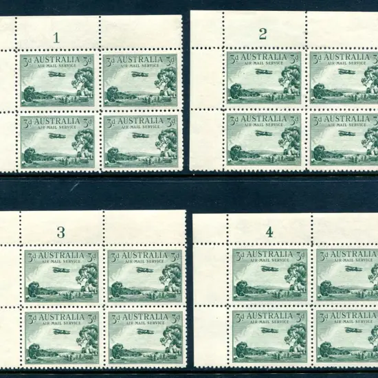 1924 3d Airmail, type A set of 1-4 plate blocks of ...