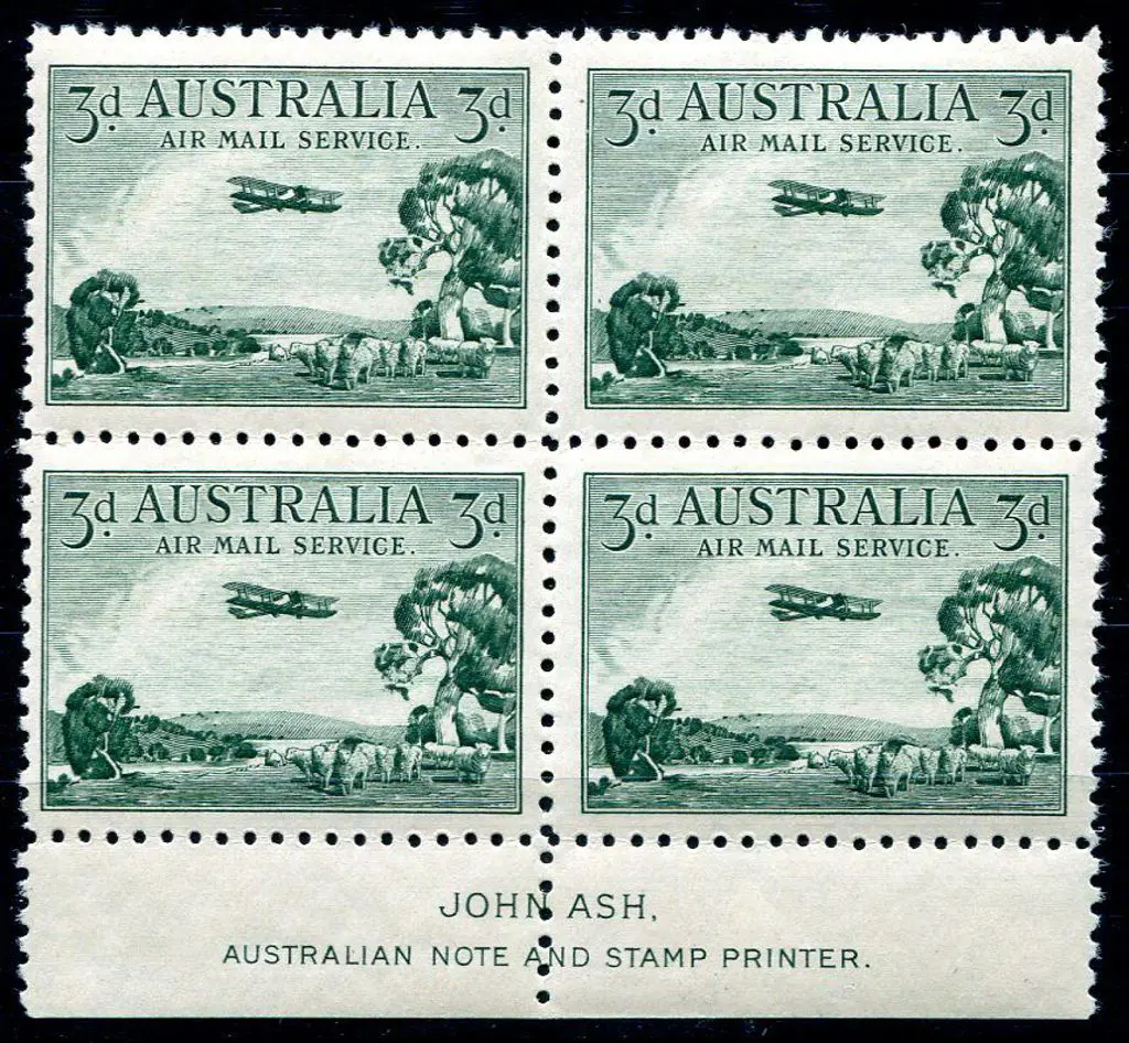 1929 3d green Airmail, type A, Ash imprint block ... Image 1++