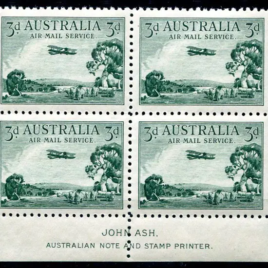 1929 3d green Airmail, type A, Ash imprint block ...