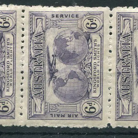 1931 6d Kingsford Smith vert strip of 3 with ...