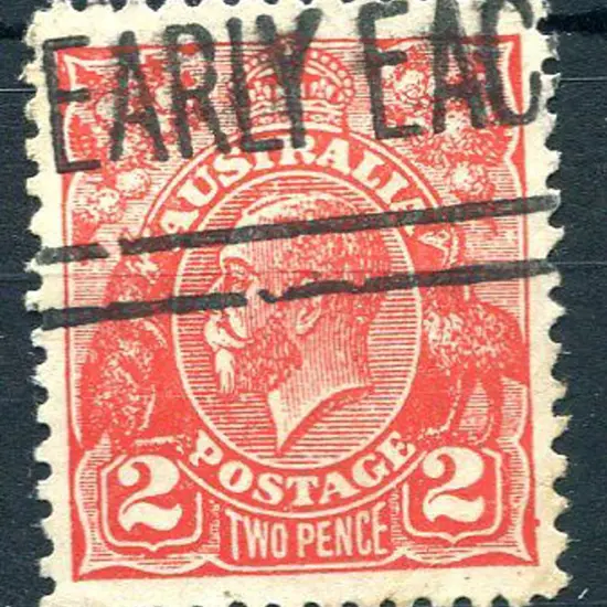 1932 2d golden-scarlet KGV postal forgery, perf ...