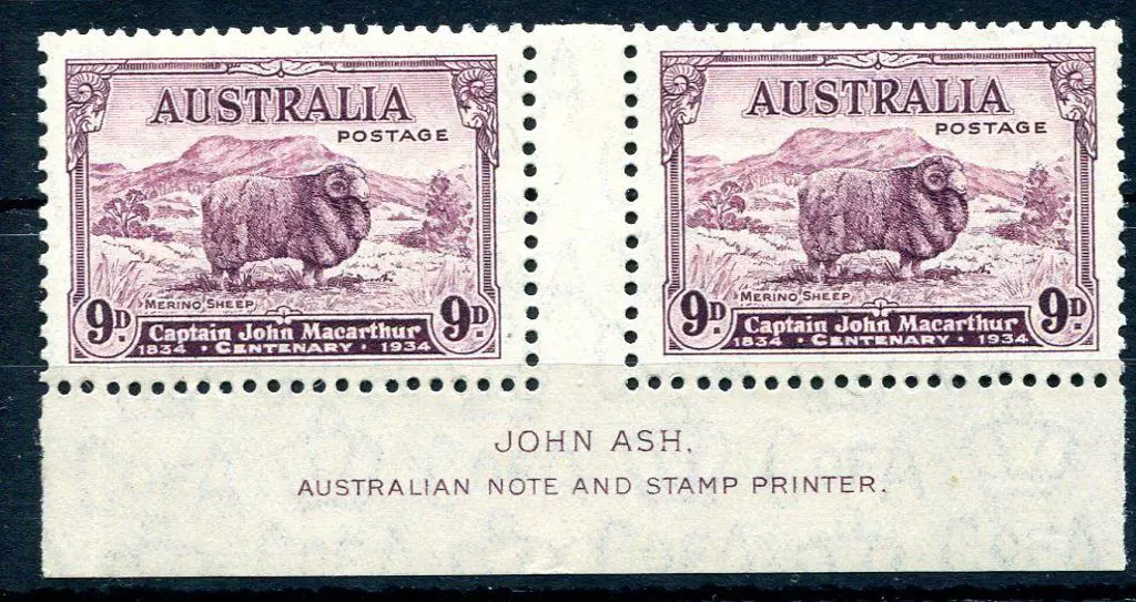 1934 9d Macarthur in John Ash gutter pair. Very ... Image 1++