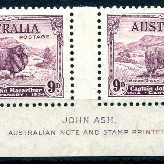 1934 9d Macarthur in John Ash gutter pair. Very ...