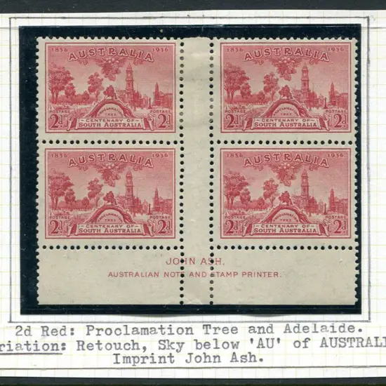 1936 2d SA Cent John Ash imprint block 4 with ...