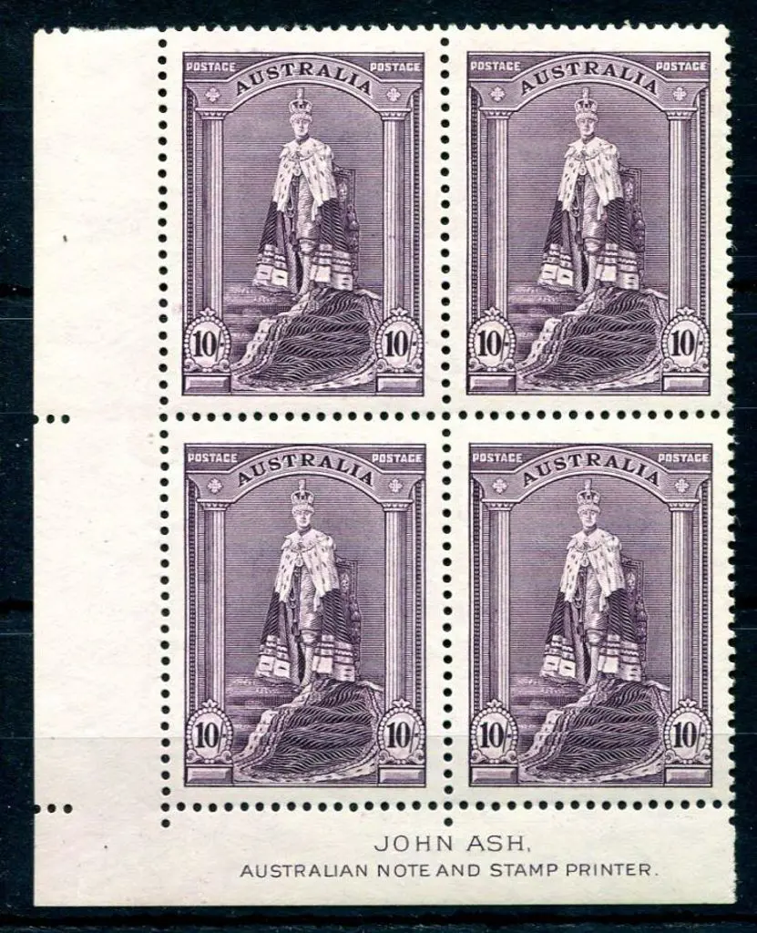 1937/48 10/- Robes in John Ash imprint block of 4. ... Image 1++
