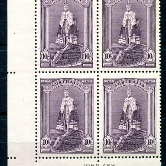 1937/48 10/- Robes in John Ash imprint block of 4. ...