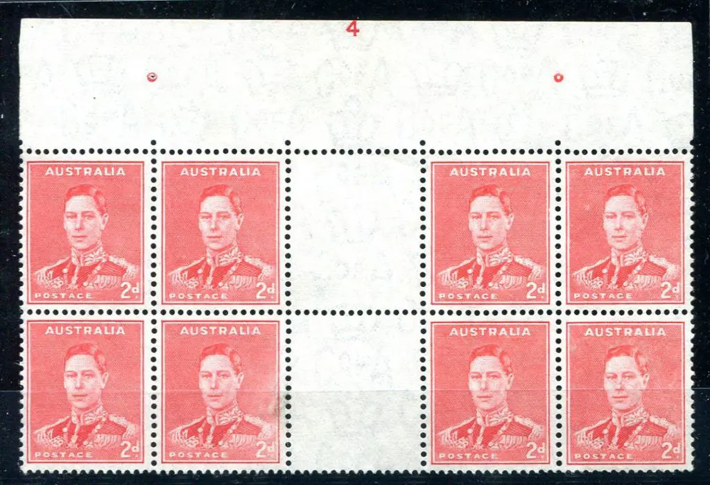1938 2d scarlet KGV1 Die 2 gutter block of 8 with ... Image 1++