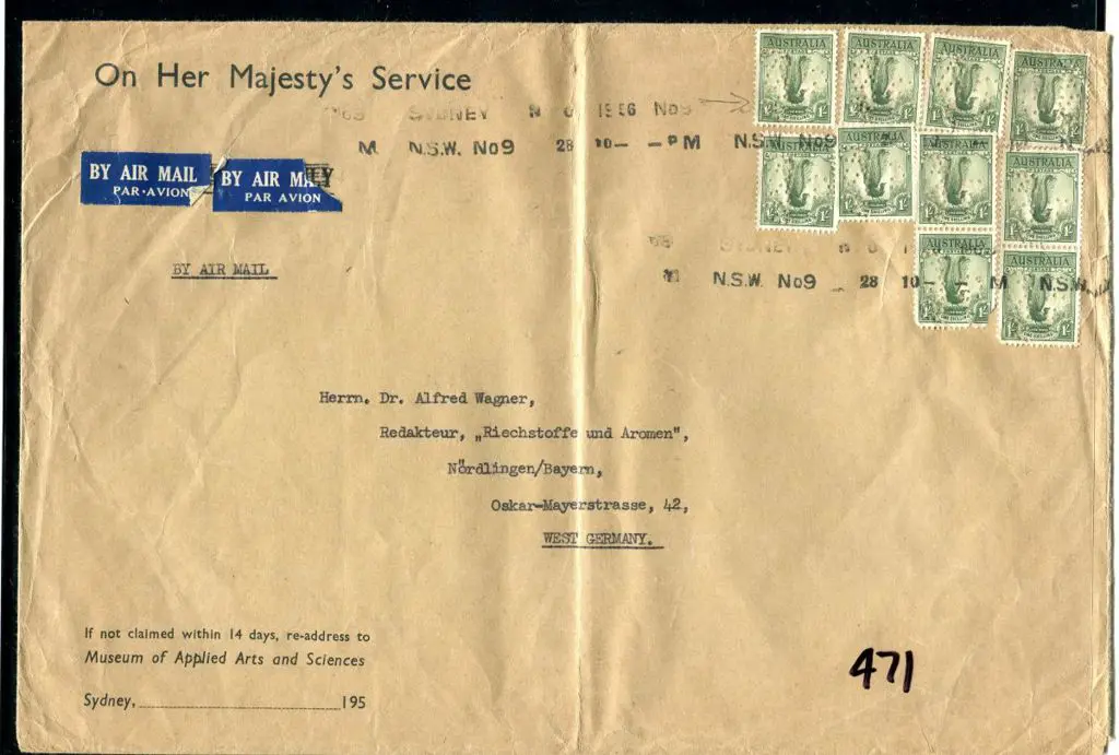 1941 1/- lyrebird, perf. 14¾ x 14 perfined "G/NSW" ... Image 1++