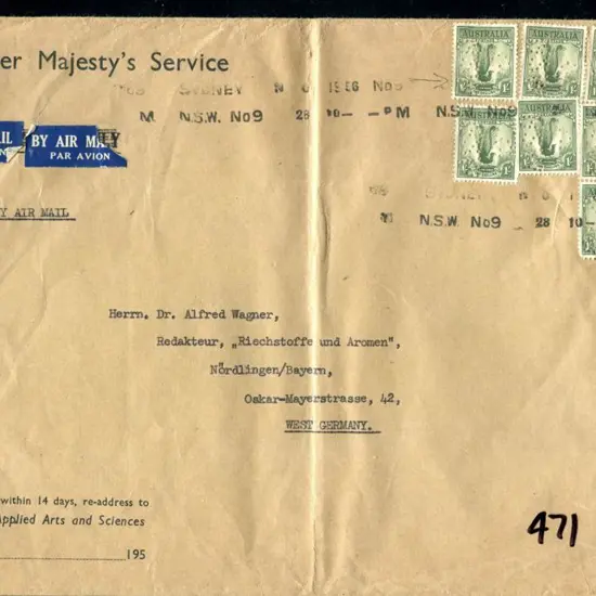 1941 1/- lyrebird, perf. 14¾ x 14 perfined "G/NSW" ...