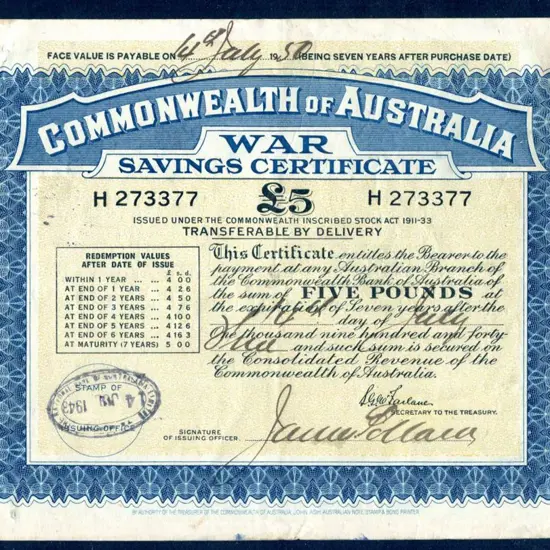 1943 £5 War Savings Certificate Serial No. H ...