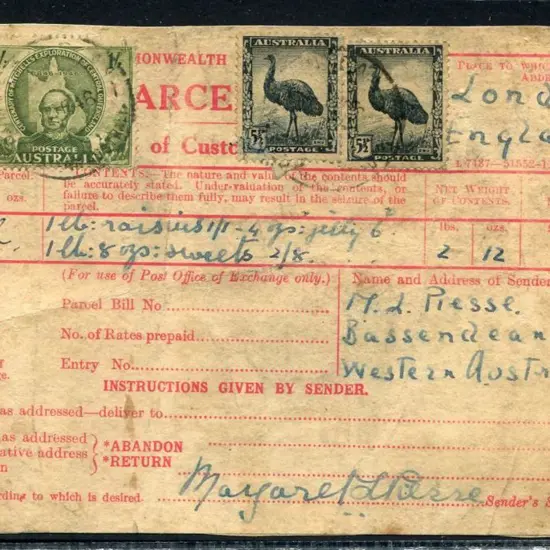 1946 (Apr) Food Parcel label. Bassendean WA to ...