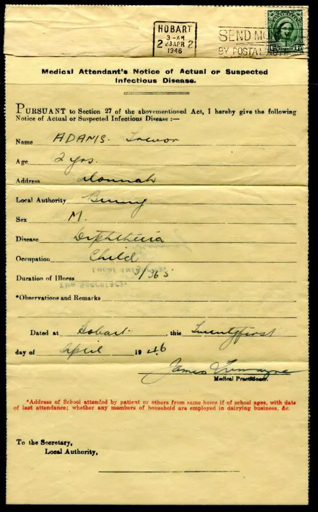 1946 (Apr) "Medical Attendant's Notice of Actual ... Image 1++