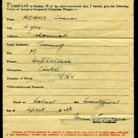 1946 (Apr) "Medical Attendant's Notice of Actual ...