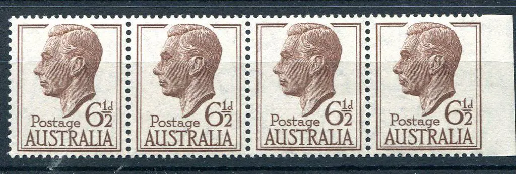 1952 6½d brown KGVI right marginal horiz strip of ... Image 1++