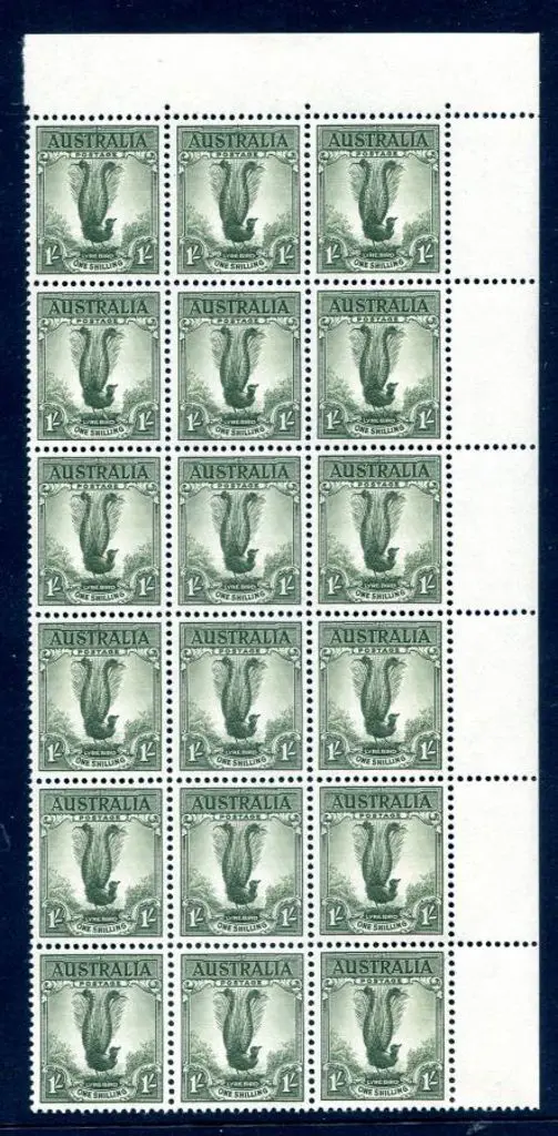 1956 1/- dull green Lyrebird, no wmk block of 18 ... Image 1++