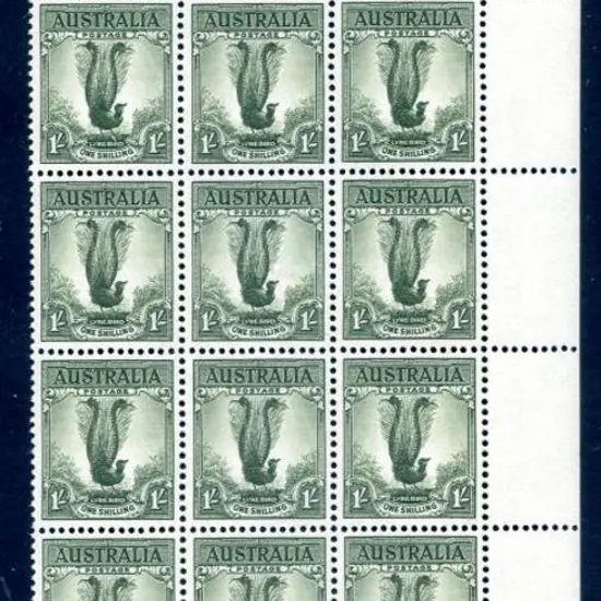 1956 1/- dull green Lyrebird, no wmk block of 18 ...