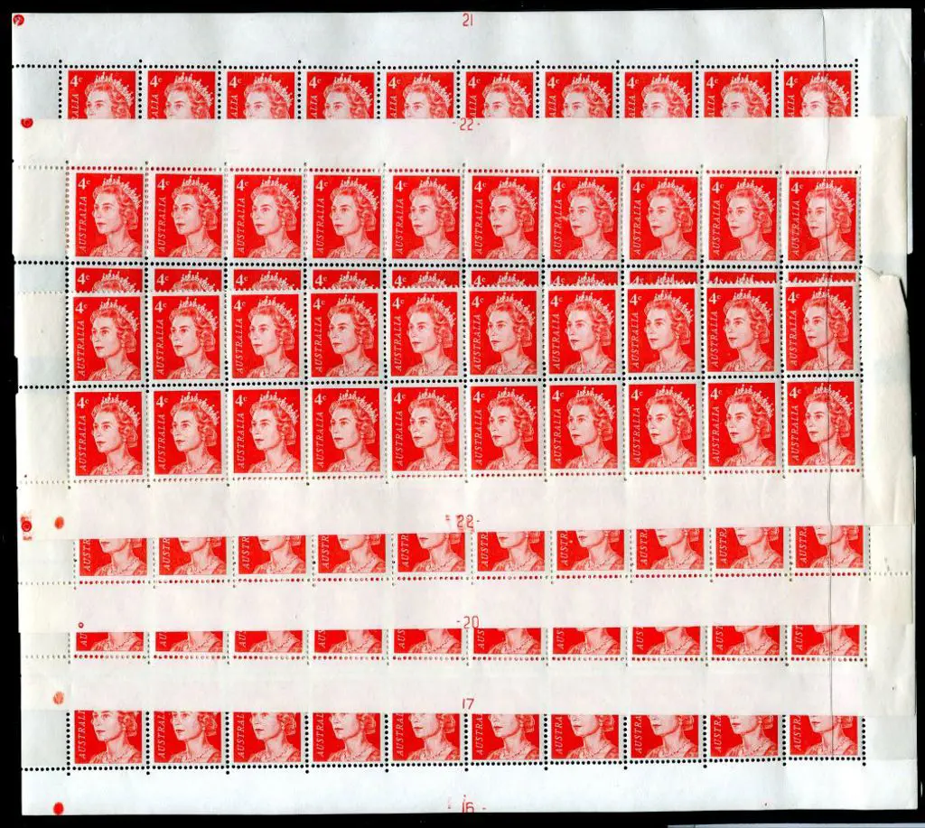 1966 4¢ red QEII plate blocks of 20, numbered 16, ... Image 1++