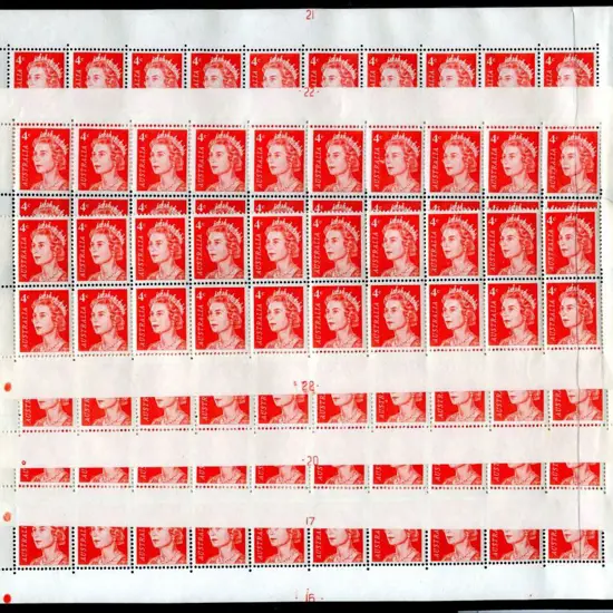 1966 4¢ red QEII plate blocks of 20, numbered 16, ...