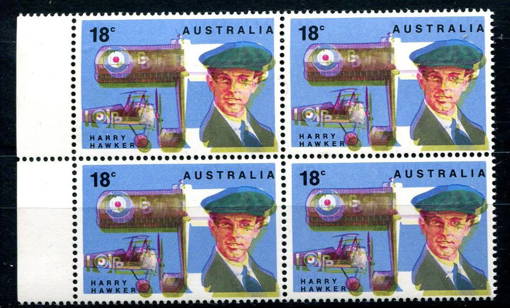 1978 18c Hawker in marginal block of 4 with both ... Image 1++