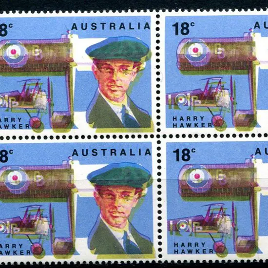 1978 18c Hawker in marginal block of 4 with both ...