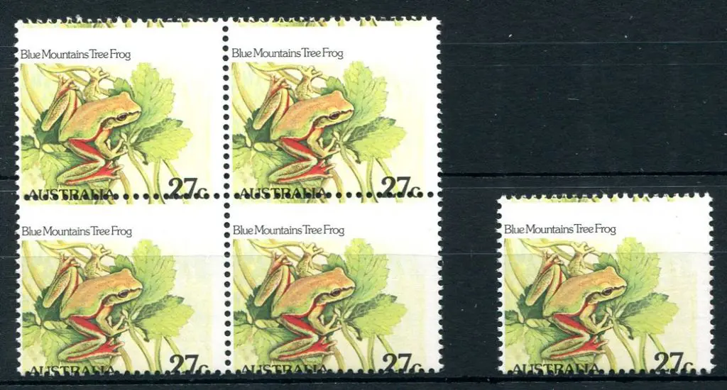 1982 27c Tree Frog block of 4 & single stamp with ... Image 1++