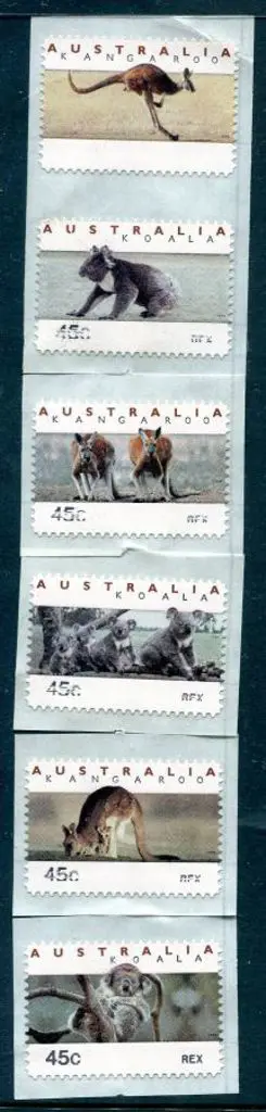 1994 Kangaroos & Koalas CPS strip of 6 x 45c with ... Image 1++