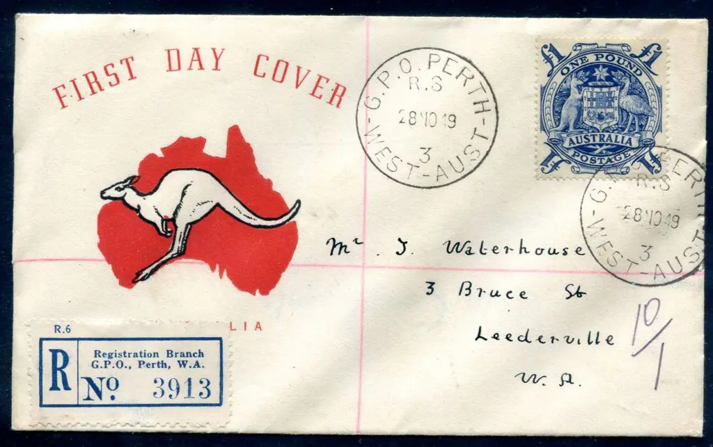 1949 (28th Nov) £1 blue Arms on Guthrie kangaroo & ... Image 1++