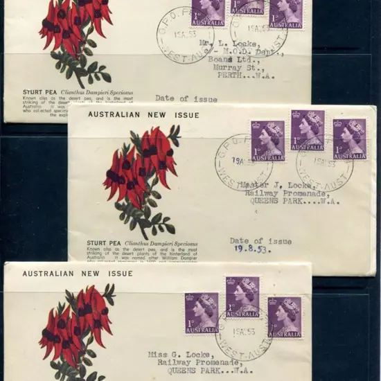 1953 (19th Aug) 1d purple QEII x 3 on 3 separate ...