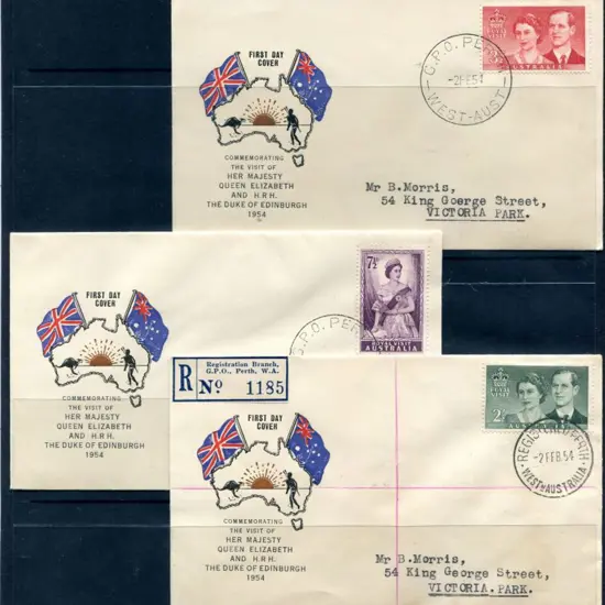 1954 (2nd Feb) Royal Visit set of 3 on individual ...