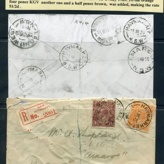 1920 (1st May) registered cover from Haymarket, ...