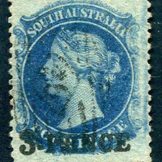 1868/79 "3 PENCE" in black on 4d Prussian blue QV, ...