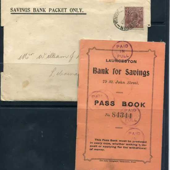 1921 "Launceston Bank for Savings" paid out Pass ...
