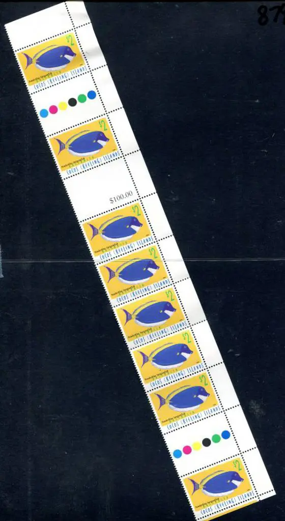 1996 $2 Surgeonfish miscut part sheet with 8 ... Image 1++