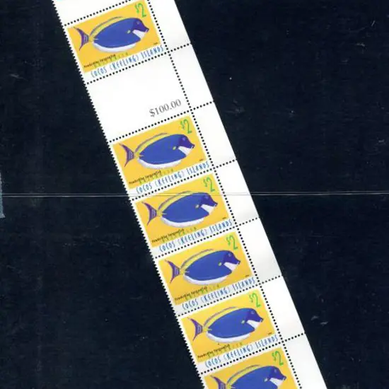 1996 $2 Surgeonfish miscut part sheet with 8 ...