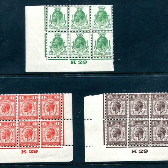 1929 ½d, 1d & 1½d UPU matching control K29 blocks ...