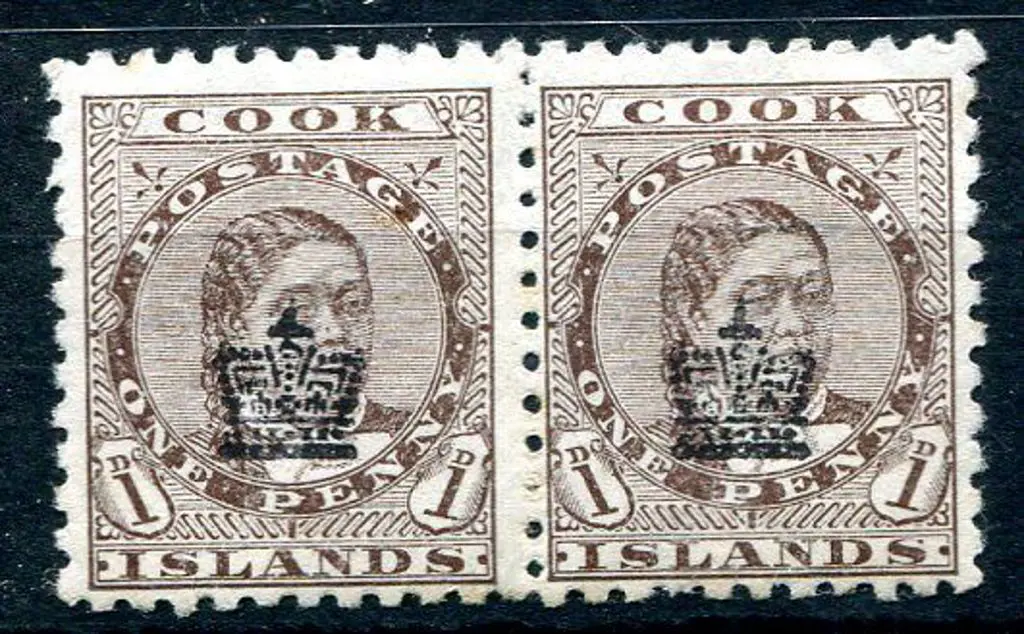 Cook Islands 1901 1d brown pair perf. 11 ovptd ... Image 1++