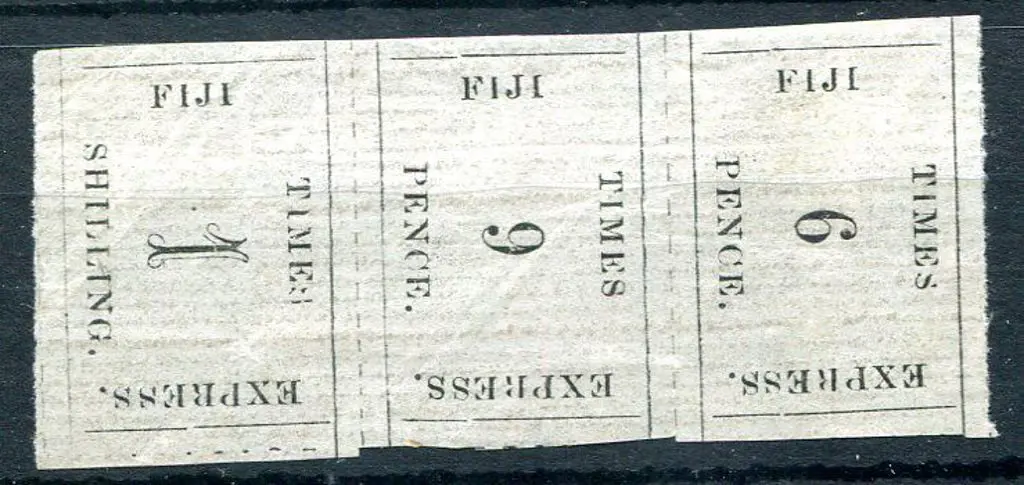Fiji 1870 6d, 9d & 1/- "Fiji Times" vertical strip ... Image 1++