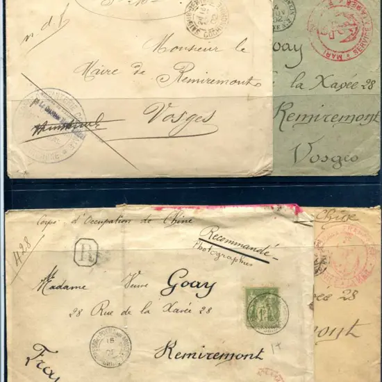France 1902 incoming mail to Vosges from China. 4 ...