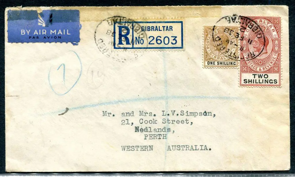 Gibraltar 1938 (11th Feb) Registered airmail cover ... Image 1++