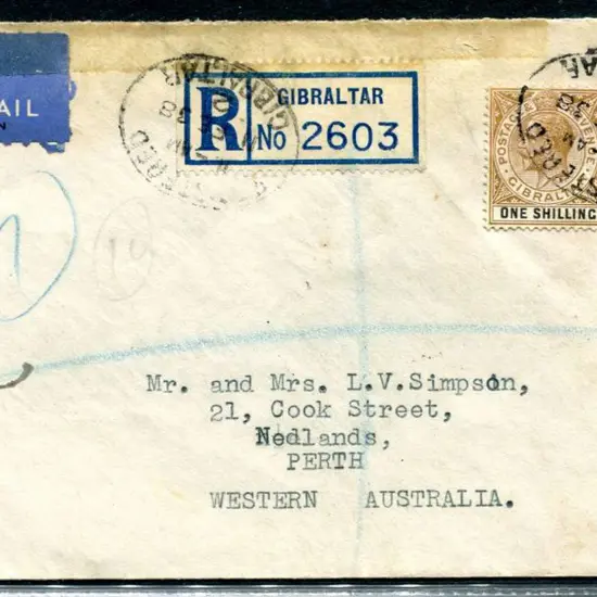 Gibraltar 1938 (11th Feb) Registered airmail cover ...