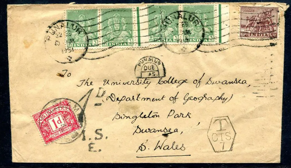 India 1951 Punalur pmkd cover to Swansea, Wales ... Image 1++