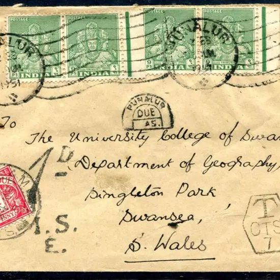 India 1951 Punalur pmkd cover to Swansea, Wales ...