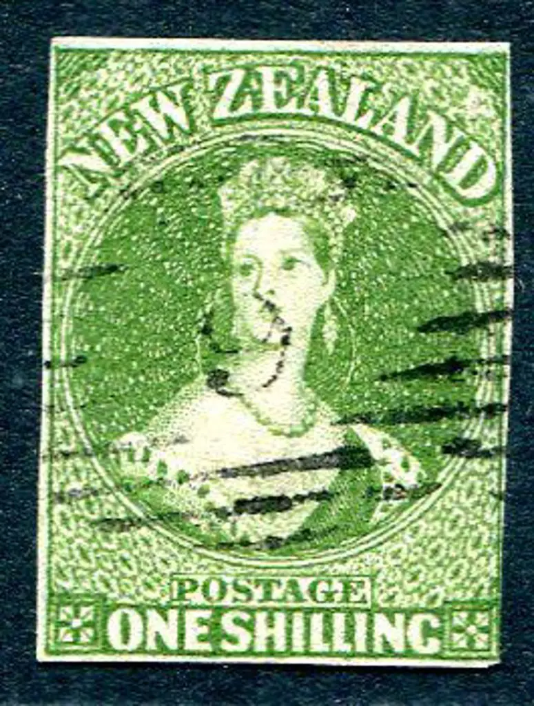 New Zealand 1855 1/- pale yellow green on blued ... Image 1++