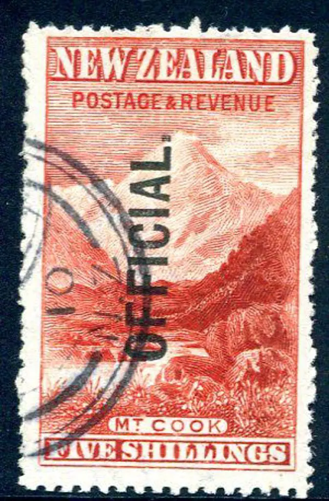 New Zealand 1907 5/- Mt Cook ovptd "OFFICIAL" with ... Image 1++