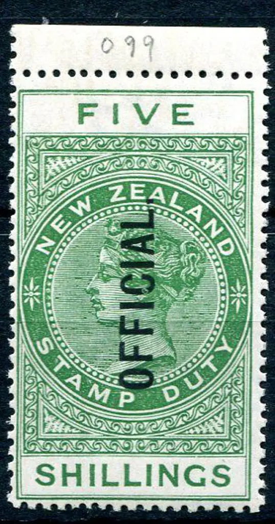 New Zealand 1913/25 5/- QV Postal Fiscal ovptd ... Image 1++