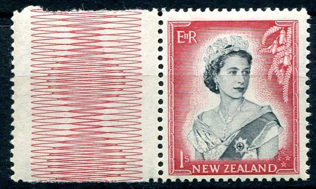 New Zealand 1958 1/- black & carmine red QEII, Die ... Image 1++