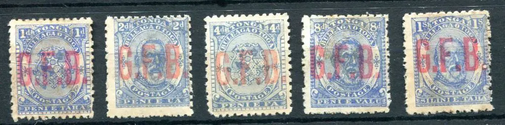 Tonga 1893 "G.F.B." Official ovptd set of 5. ... Image 1++