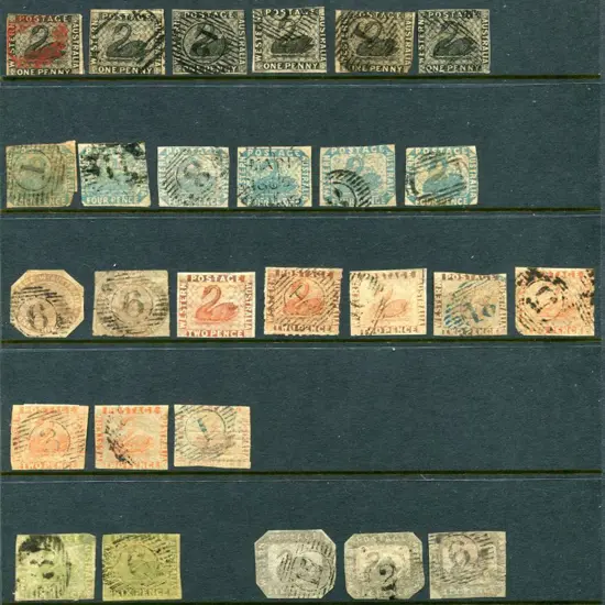 1854-1864 Imperf range noting 1d black swans (6), ...
